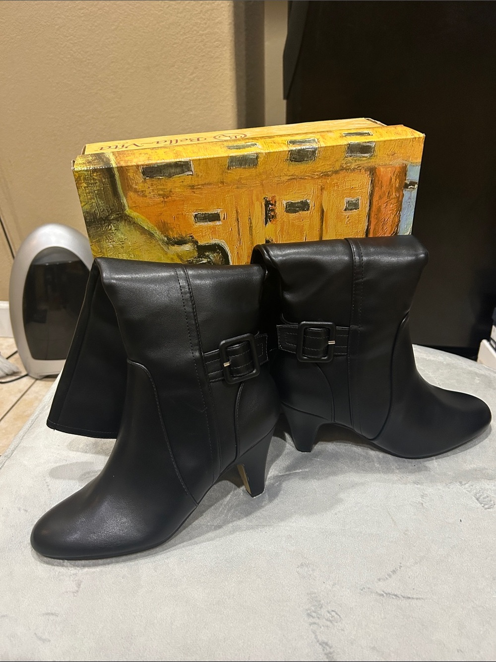 Bella Vita Black Mid-Heel Tall Boots with Buckle Strap